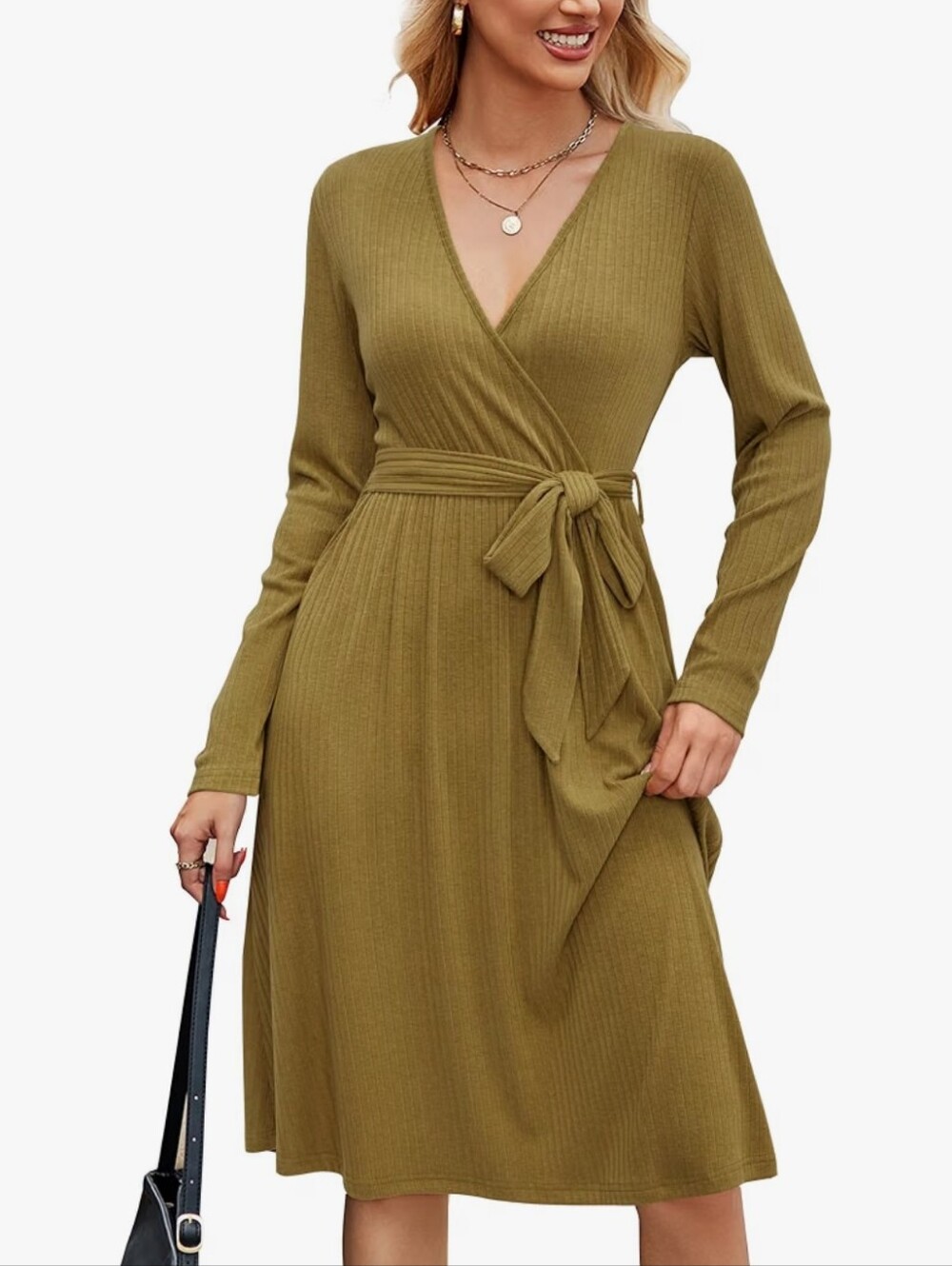 Long Sleeve Sweater Dress Wrap V Neck Dress